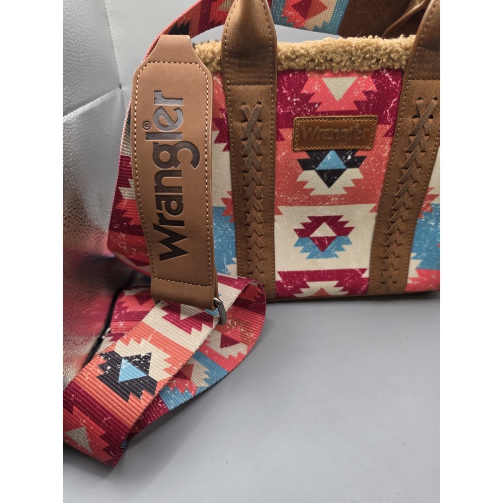 Wrangler Aztec Sherpa Southwestern Tote Crossbody Purse Western Canvas Brown - Picture 1 of 8